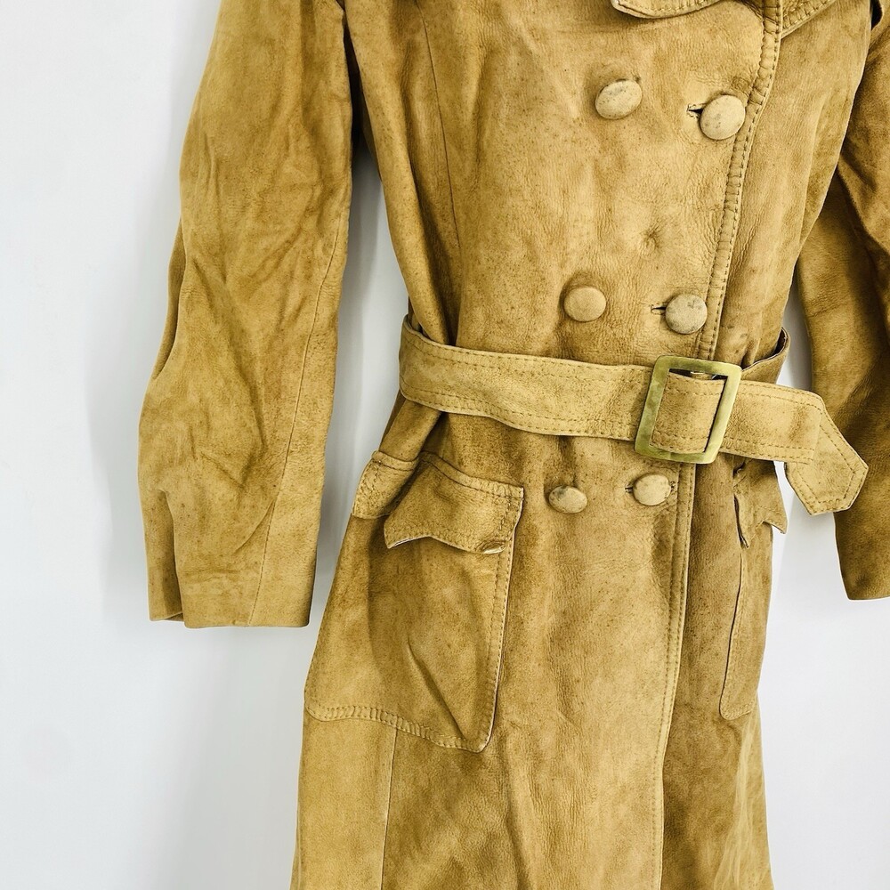 Vintage Nubuck Suede Bosfor Tan Leather Trench Coat Fall Fashion Size 48 Small - Picture 6 of 10